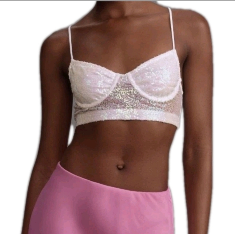 Anthropologie White Sequin Mesh Crop Top Bling Size Large Concert Festival Party